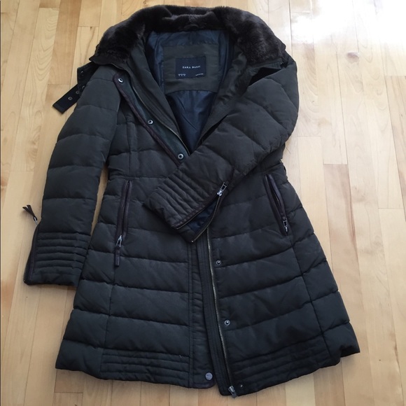 Zara military green winter coat with Hood and Faux Fur Collar Excellent Sz M - Picture 3 of 5